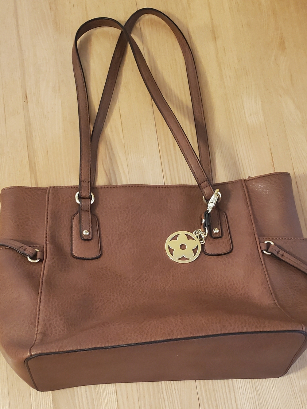 Brown Leather Tote Bag with Gold Charm